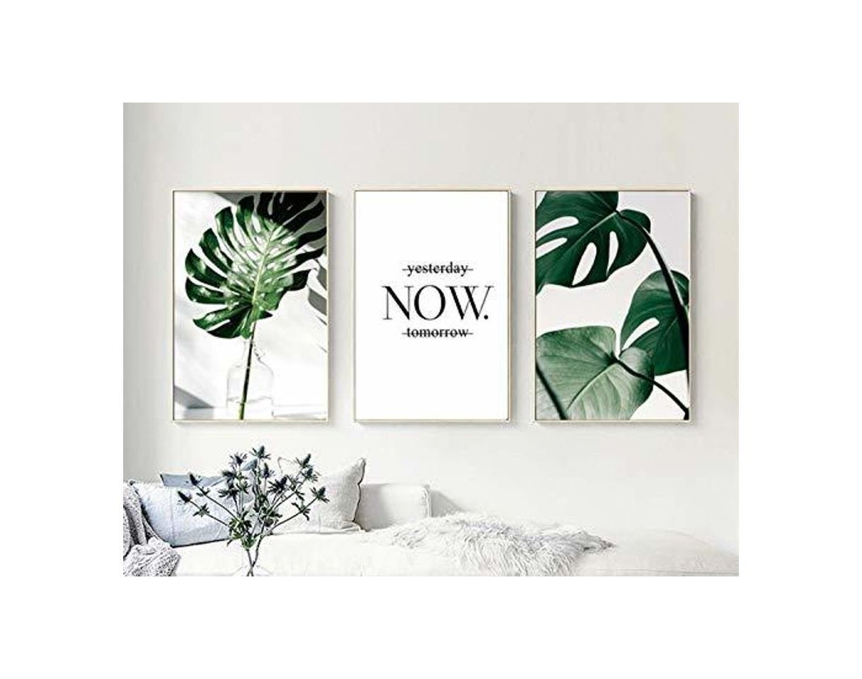 Product Set de 3 Posters Hojas Verdes y Citas y Cuadros Hojas Tropicales