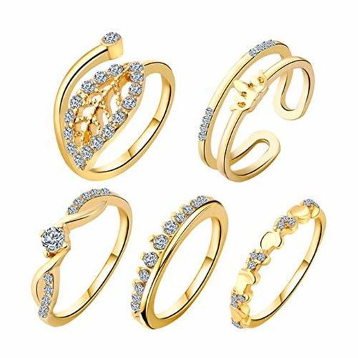 Fansi 5pcs/Set Mujeres Plata Ajustable Anillos Ensemble-Coeur Forma de Corona de feuille-