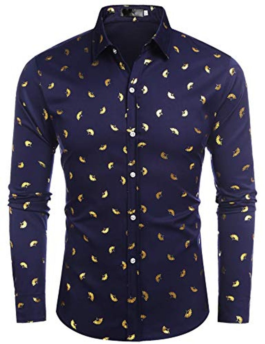 Social Coofandy Camisa floral para hombre con estampado dorado y manga larga