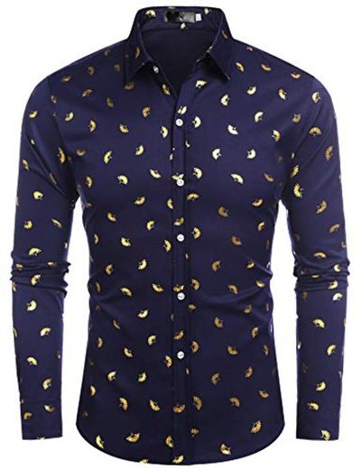 Coofandy Camisa floral para hombre con estampado dorado y manga larga