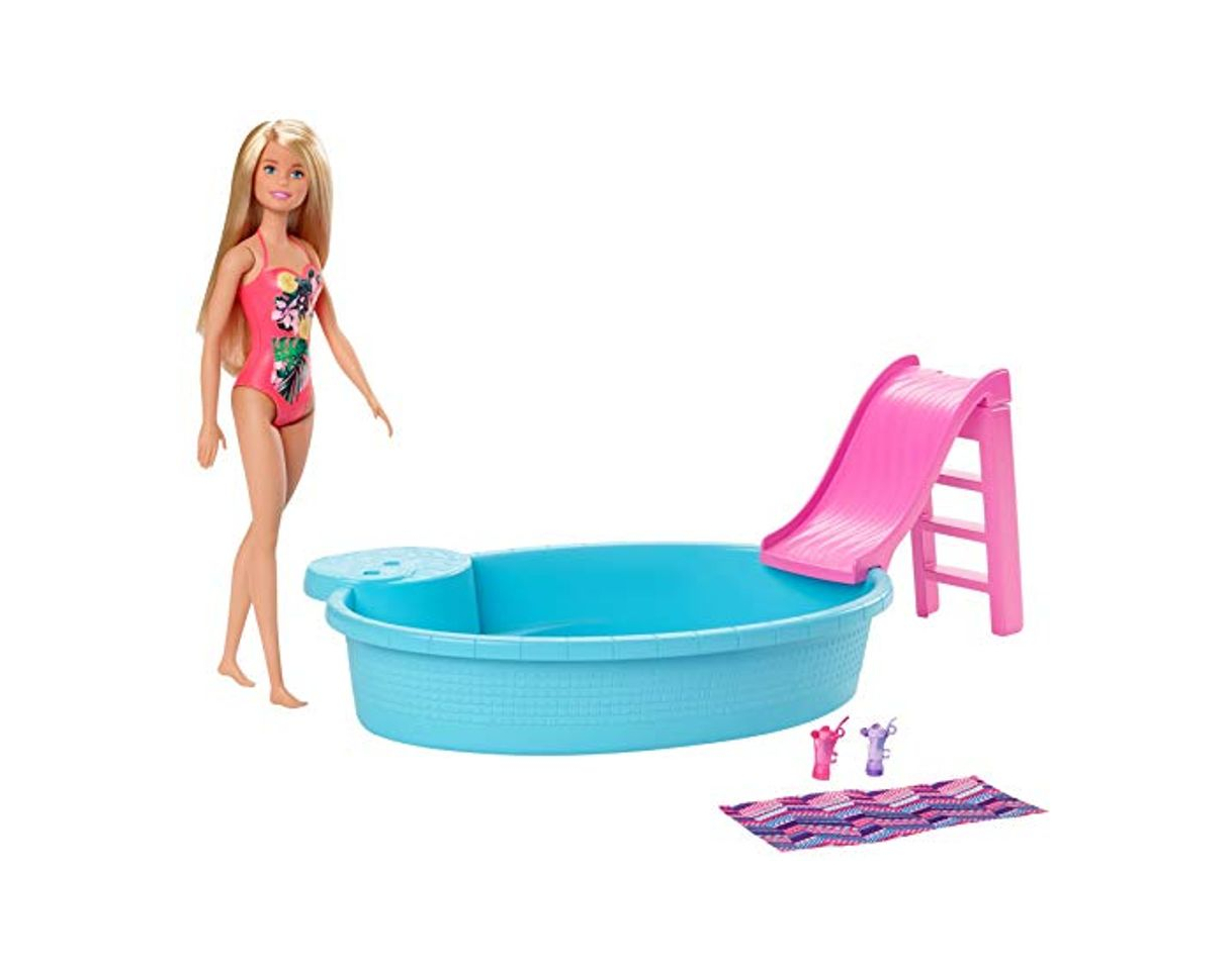 Barbie muñeca rubia de 30 cm con piscina, tobogán y accesorios, regalo