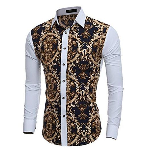 WWricotta LuckyGirls Camisa Negocio para Hombre de Manga Larga Formales Camisetas Estampado de Flores Patchwork Casual Entallada Remeras