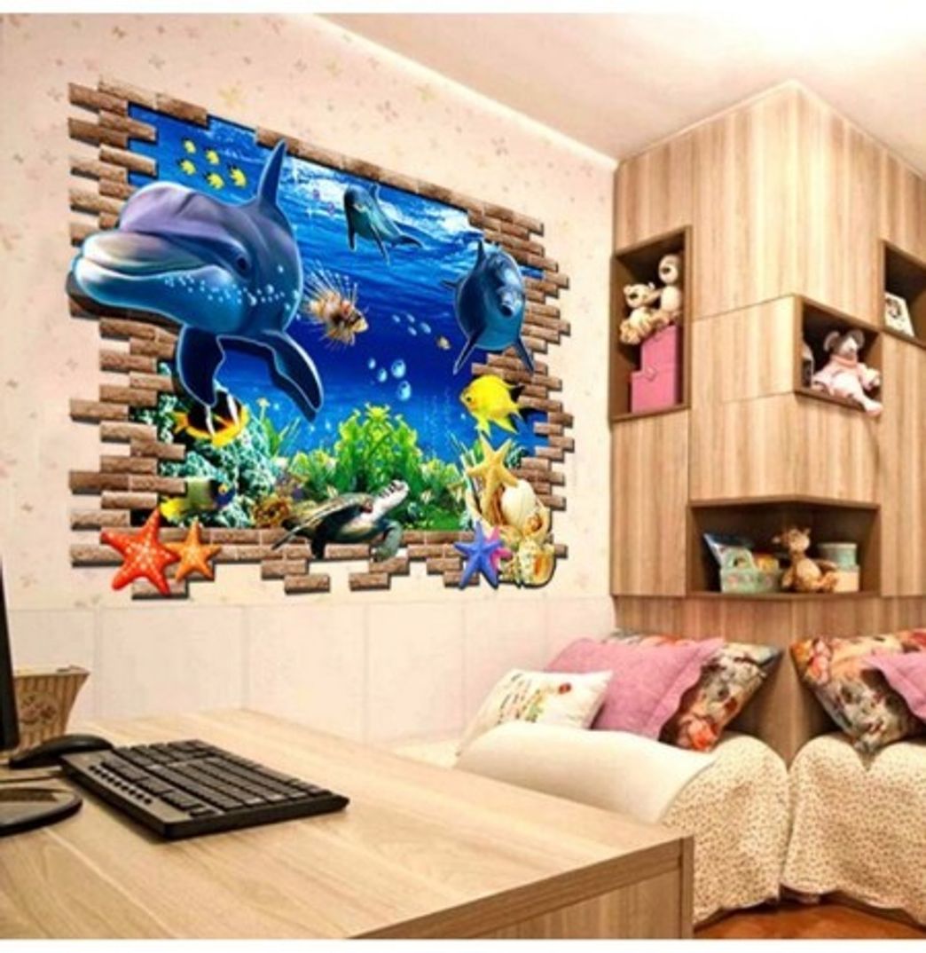 Moda 3D Blue Sea World Dolphin Removable Wall Sticker Wallpaper 