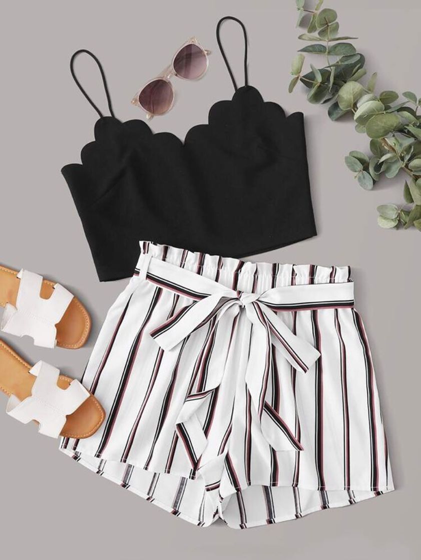 Producto Scallop Trim Crop Cami Top & Belted Striped Shorts Set