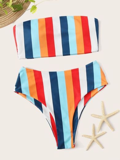 Striped Bandeau High Waisted Bikini Swimsuit