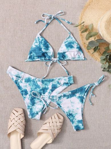 3pack Tie Dye Triangle Tie Side Co-ord Bikini Swimsuit