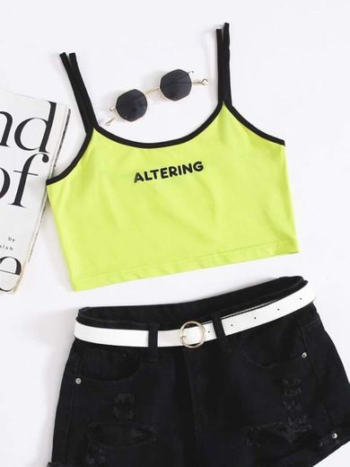 Neon Green Letter Graphic Double Strappy Crop Top