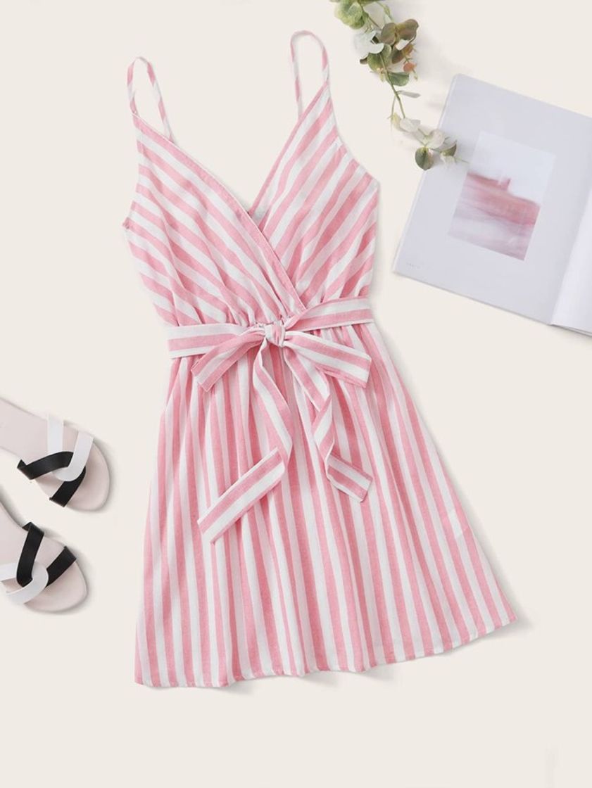 Social Surplice Neck Tie Front Striped Slip Dress