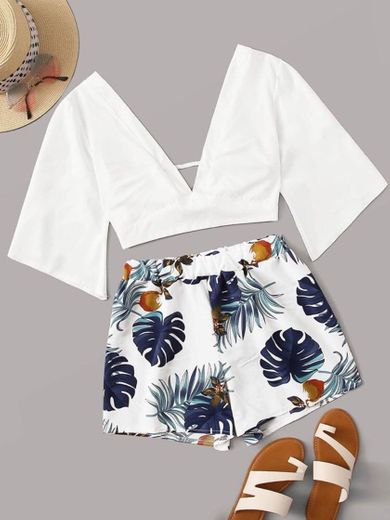 Plunging Self-Tie Top & Tropical Print Shorts Set