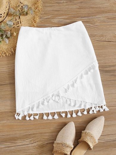 Tassel Trim Asymmetrical Hem Skirt