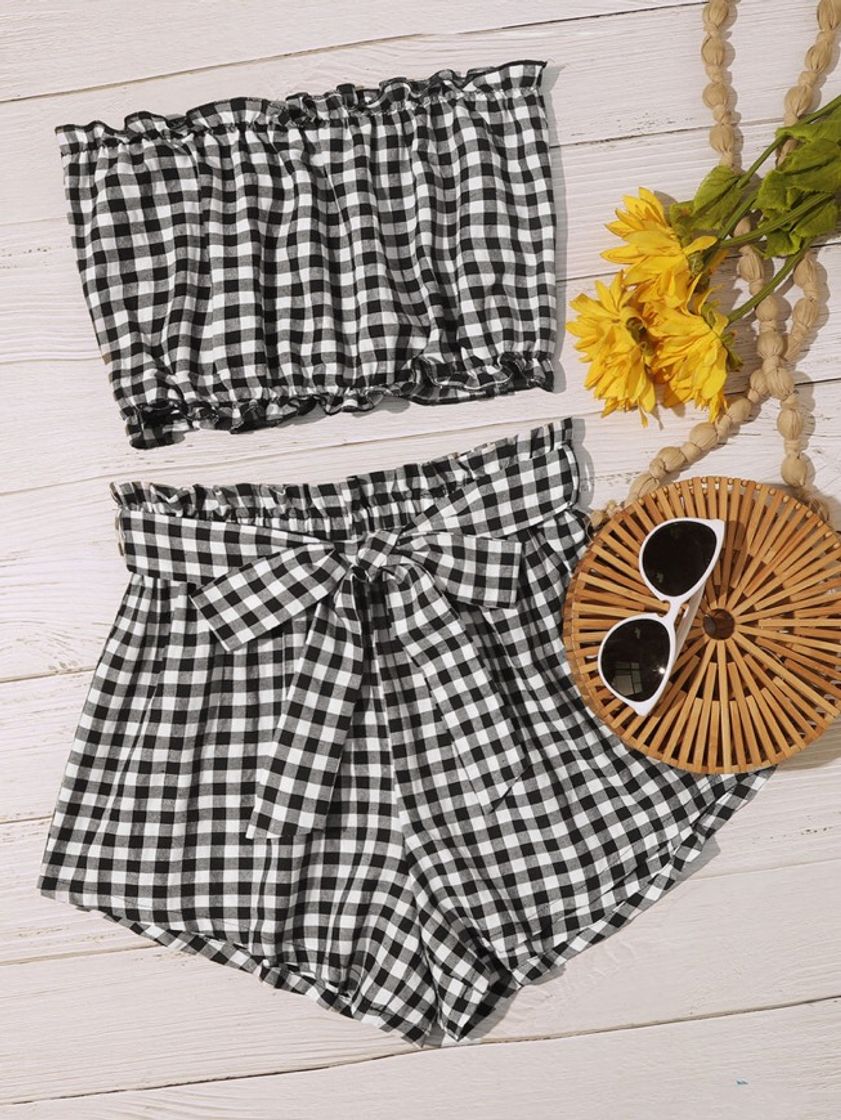 Products Frill Trim Gingham Tube Top & Belted Shorts Set