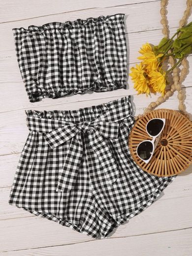 Frill Trim Gingham Tube Top & Belted Shorts Set