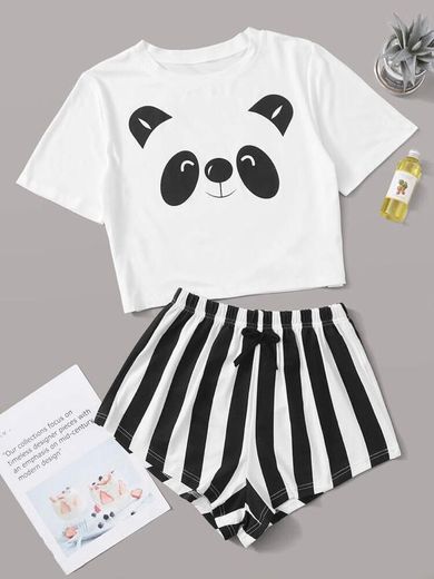 Panda And Stripe Print Pajama Set