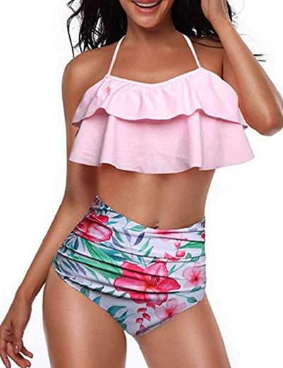 heekpek Conjunto de Bikini Mujer de Cintura Alta Traje de Baño de Dos Piezas Volantes Correas de Espagueti Bañador Plisado Estampado Rayas Ropa de Playa Tallas Grandes
