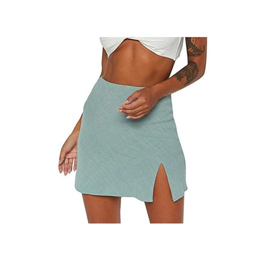 Sylar Faldas Mujer Cortas Verano 2019 Minifalda Sexy Color Sólido con Abertura Lateral Verde Falda De Línea A