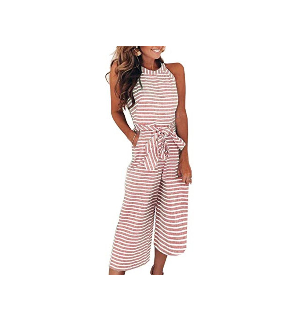 Social FeelinGirl Mono Largo Mujer Verano O Jumpsuit Cintura Alta con Bosillo Cuello Redondo Rojo XXL