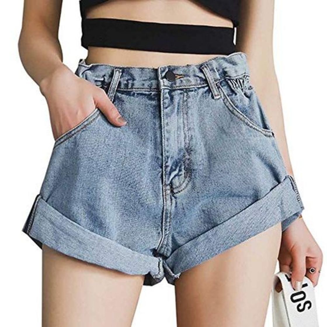 Social Pantalones Cortos de Mezclilla prensados ​​de Cintura Alta Vintage para Mujer Pantalones
