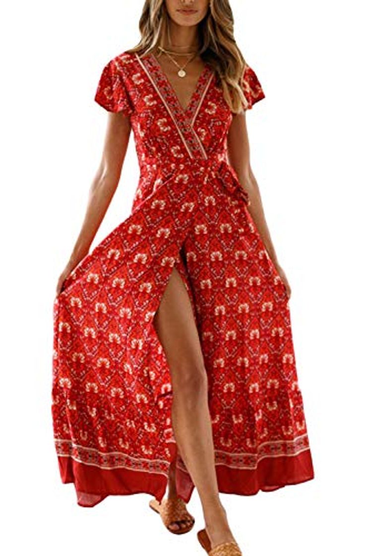 Producto Vestido Mujer Bohemio Largo Verano Playa Fiesta Floral Manga Corta Cuello en V Talla Split Wrap Maxi Vestidos 5 XL