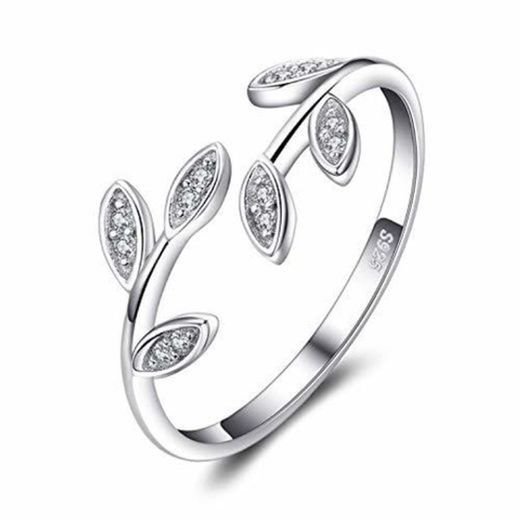 Jewelrypalace Hoja de olivo Zirconia cúbica Anillo abierto ajustable Plata de ley