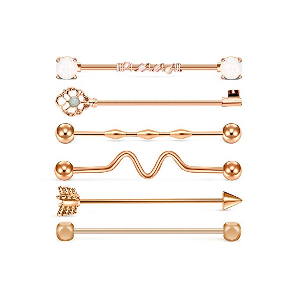 Productos Mayhoop 6 Piezas 14G Piercing Industrial Acero quirúrgico Oro Rosa ópalo Clave Barra Recta Industrial Barbell Piercing de Oreja Cartílago Mujer Hombre Joyería para Cuerpo 38mm