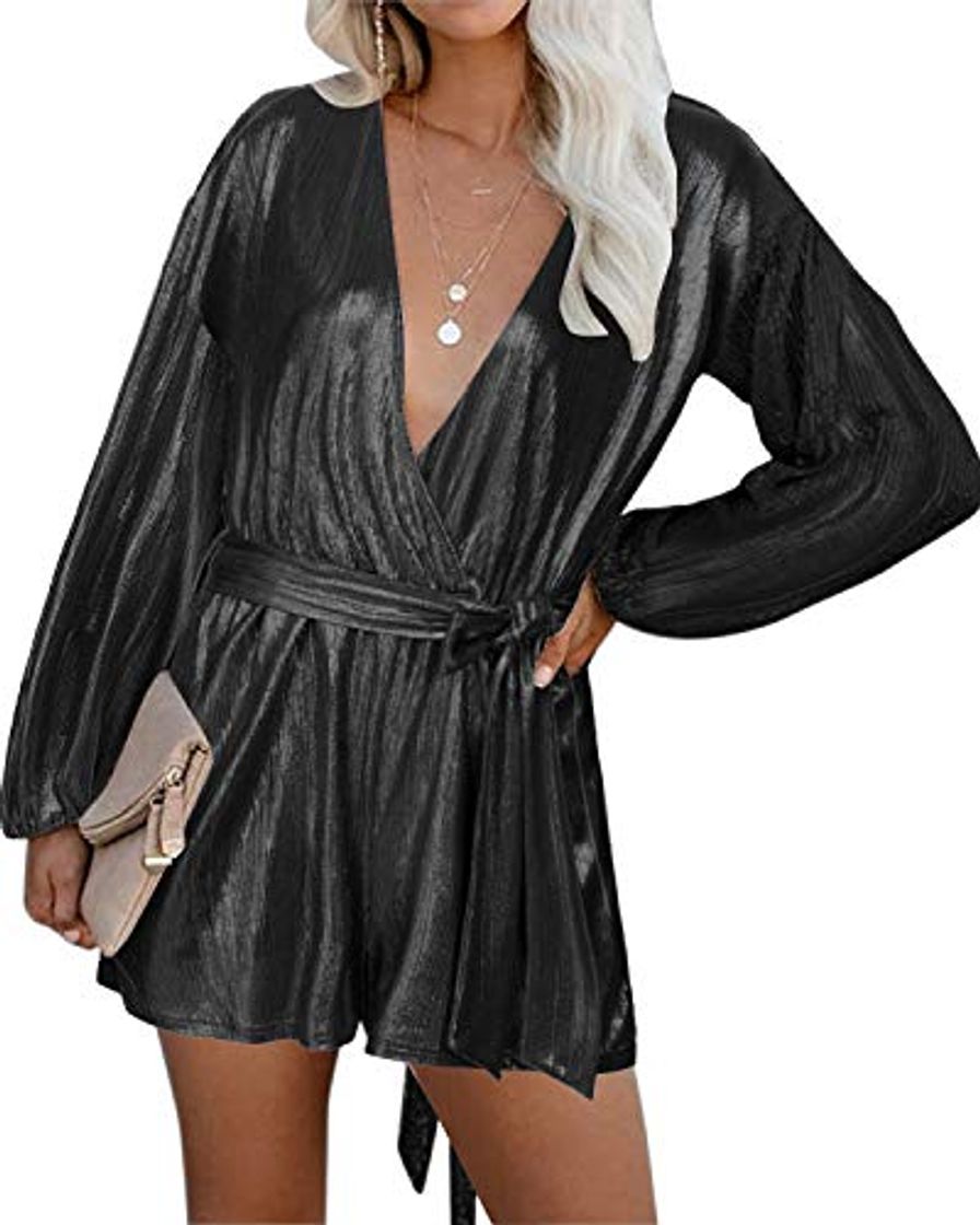 Fashion YOINS Vestido Fiesta Mujer Largo Mono Camisa Brillante Vestido Lentejuelas Mujer Casual Cuello En V Jumpsuit Elegante