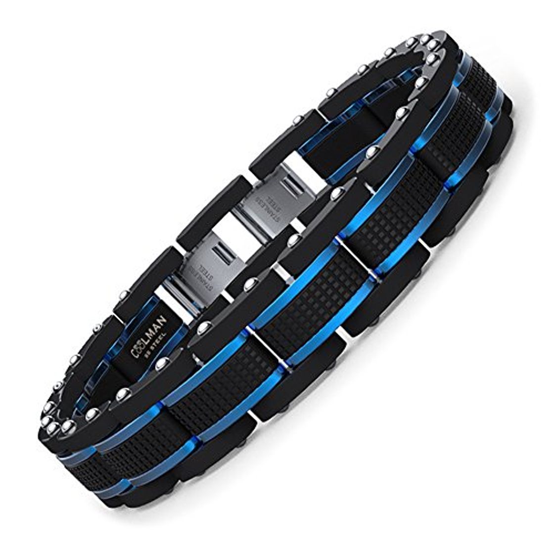 Moda COOLMAN Joyas para Hombre Pulseras Acero Inoxidable Azul & Negro Ajustable 21,5-23cm