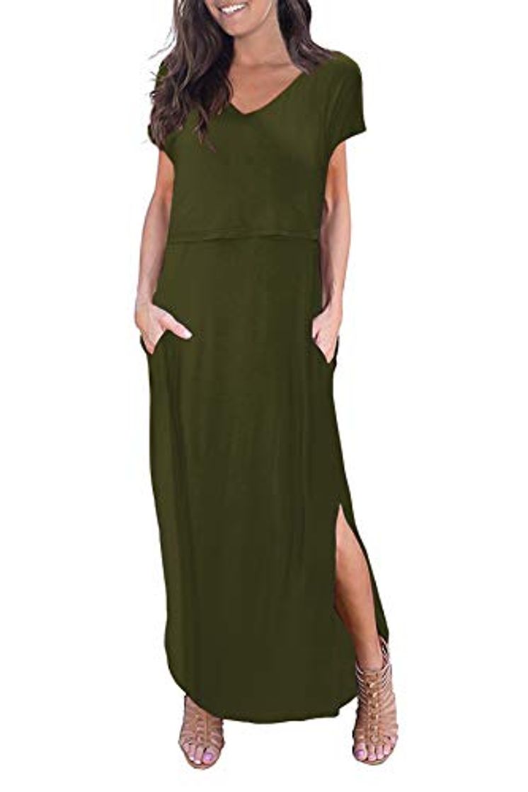 Moda Smallshow Vestido Largo de Maternidad Mujer Ropa para Noche y Fiesta Elegante con Mangas Cortas Casual Army Green S