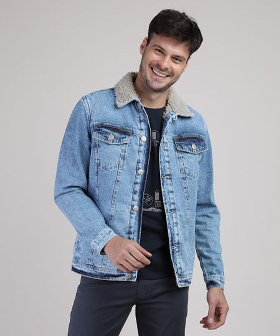 Fashion Jaqueta Jeans Masculina com Bolsos e Pelo Azul Médio - cea