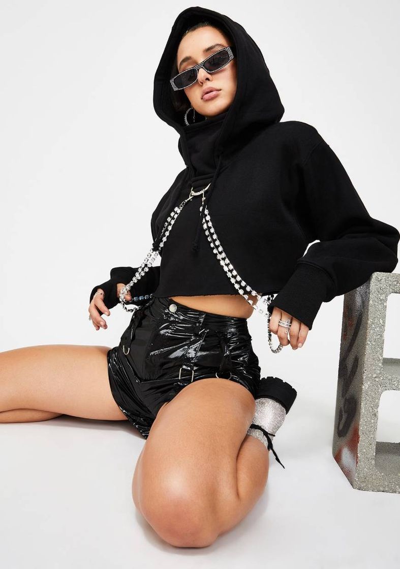 Poster Grl Crop Rhinestone Chain Hoodie Black Diamond