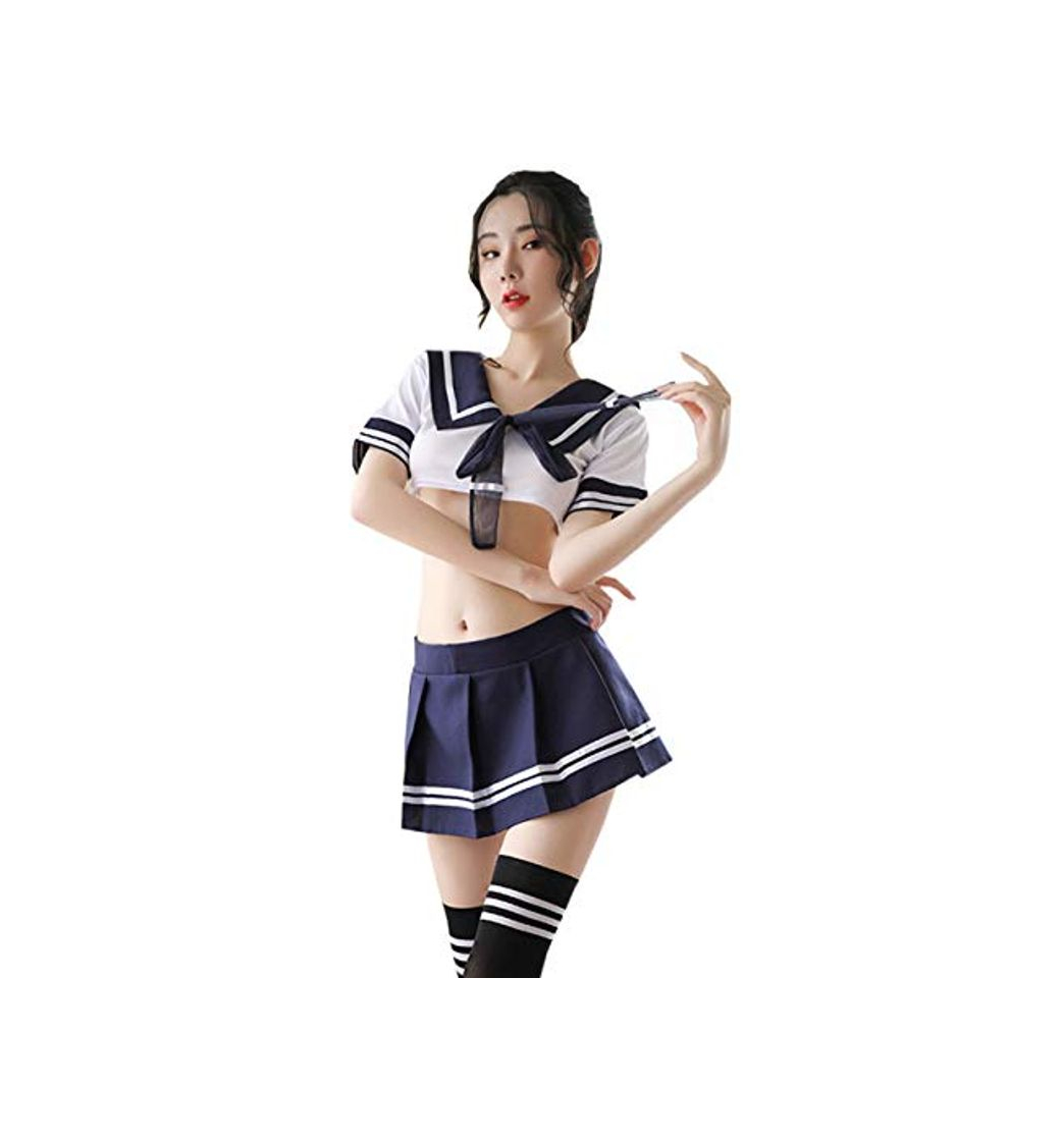 YUANMO Sexy Cosplay Schulmädchen Dessous Outfit Mini Sailor traje Minirock Cosplay Crop Top con medias azul XXL