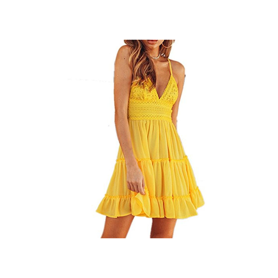 Moda Qixuan Mujeres sin Mangas sin Espalda Profundo con Cuello en V Correa de Espagueti Lece Bow Vestido Sexy túnica una línea de Vestido Amarillo M