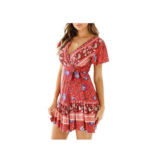 Durio Vestido de verano para mujer, corto, escote en V, bohemio, vestido