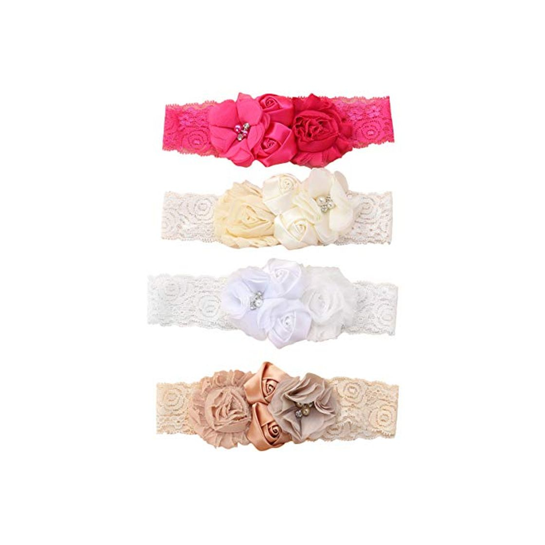 Moda Lurrose 4 Unids Rosa Flor Encaje Cintas Para el Cabello Cinta Suave Turbante Bautizo Cabeza Wrap con Perlas para bebé infantil