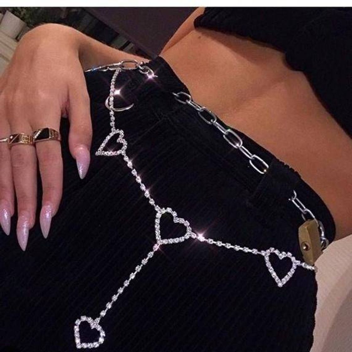 Social Silver Heart Y2K 2000S Belly Waist Chain Diamond Belt