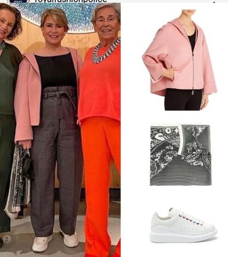 Maria Teresa's Emporio Armani Pink Cashmere Jacket, Etro Cashmere Scarf and Alexander McQueen Oversized Low Top Sneakers with Multicoloured Eyelets