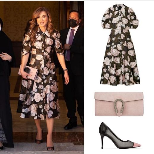 Rania's Erdem 'Gisella' Button-Front Midi Dress, Tom Ford Metallic Leather and Mesh Pumps and Gucci Dionysus Suede Clutch in Pale Pink with the Crystal Embellished Bloucle 