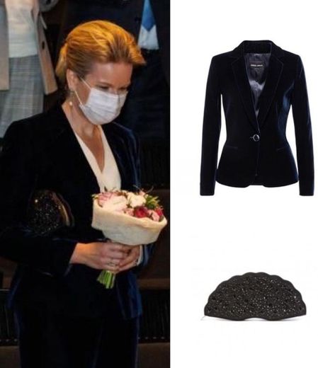 Mathilde's Giorgio Armani Single-Breasted Velvet Jacket with Jewel Button Detail in Midnight Blue and Lulu Guiness Clutch