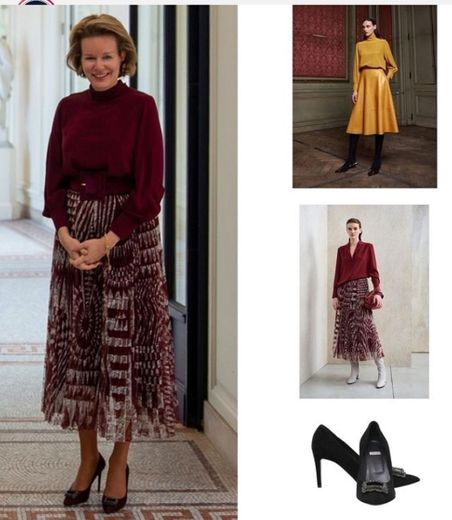 Mathilde's Natan Couture 'Ikola' Top in Burgundy, Printed Tulle Skirt and Burgundy Suede Pumps