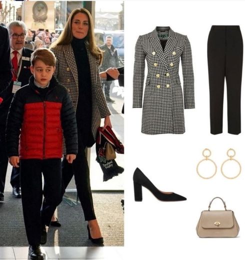 Kate's Holland Cooper 'Knightsbridge' Houndstooth Coat, LK Bennett 'Frieda' Black Crepe Cigarette Trousers, Tusting Mini Holly Bag in Taupe, Gianvito Rossi Piper 85 Black Suede Pumps and Accessorize Twisted Circle Drop Earrings