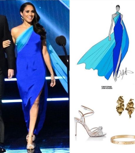Meghan's Custom CJR Blue Ombré One Shoulder Gown, Aquazzura 'Celeste 105' Glitter Leather Sandals in Gold, Diana's Cuff Bracelet with Blue Stones, Cartier 'Love' Bracelet and Alexis Bittar Crumpled Gold Post Earrings