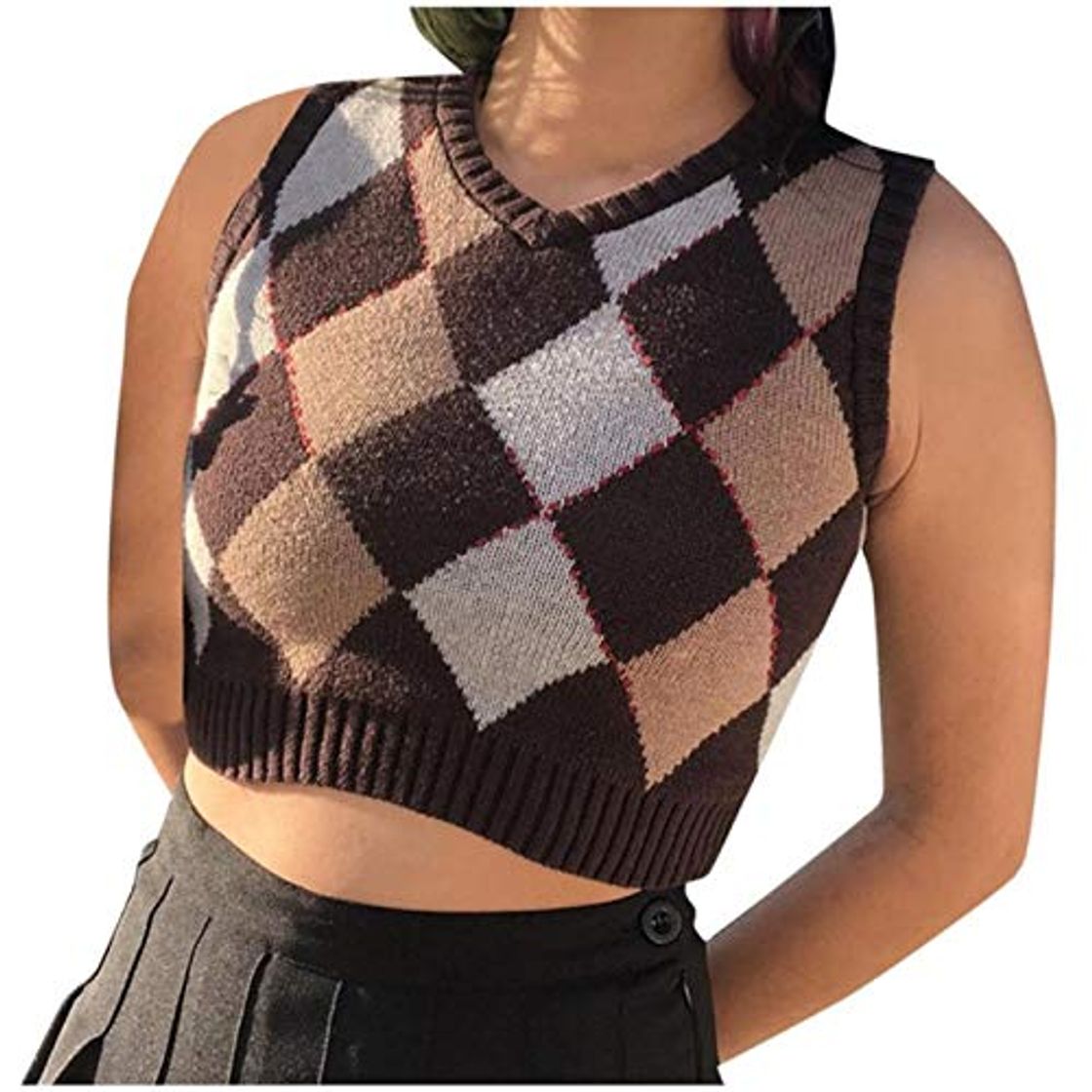 Fashion Chalecos De Punto Mujer Women Casual Plaid Knitted Tank Top Knitwear Retro