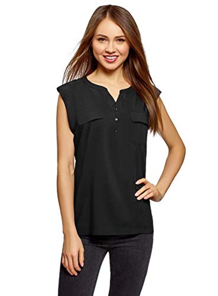 Social oodji Collection Mujer Blusa de Viscosa con Bolsillos en el Pecho, Negro,
