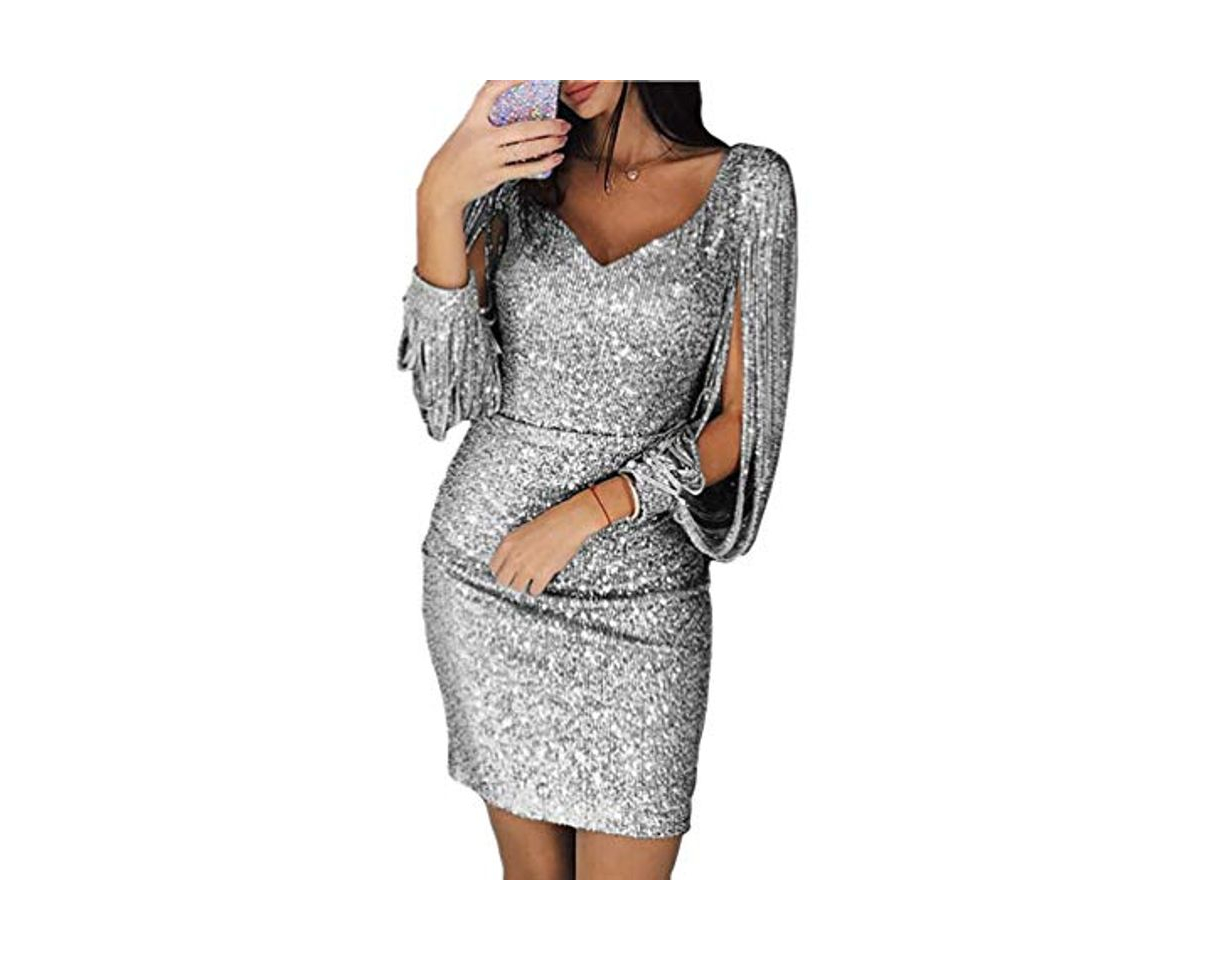 Social WanYangg Mujer Lentejuelas para Vestido Mini Vestido Ajustado de Manga Larga con Cuello en V Moda Faldas Atractivas de Noche Cóctel Gris XXL