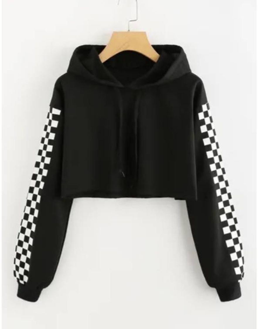 Social Blusa De Moletom Cropped Feminino Manga Quadriculada 