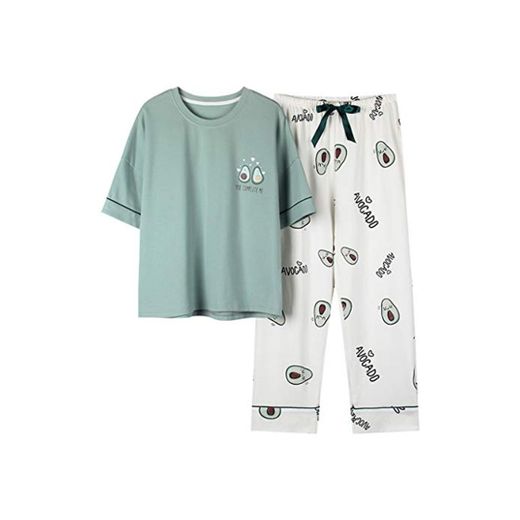 JAGETRADE Mujeres Niñas Conjunto de Pijamas de 2 Piezas Camiseta de Media Manga Pantalones Largos Ropa de Dormir de Aguacate