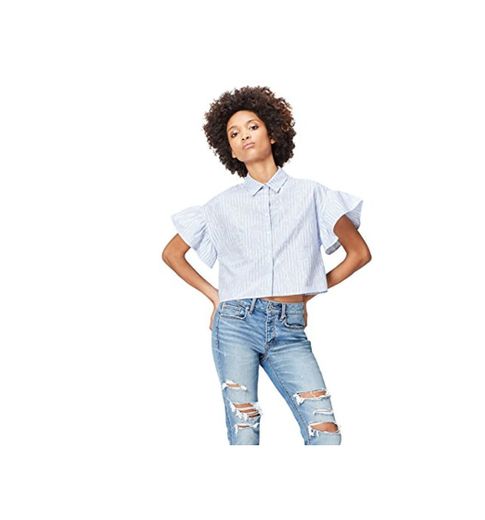 Marca Amazon - find. Camisa Estampada con Volantes para Mujer, Azul