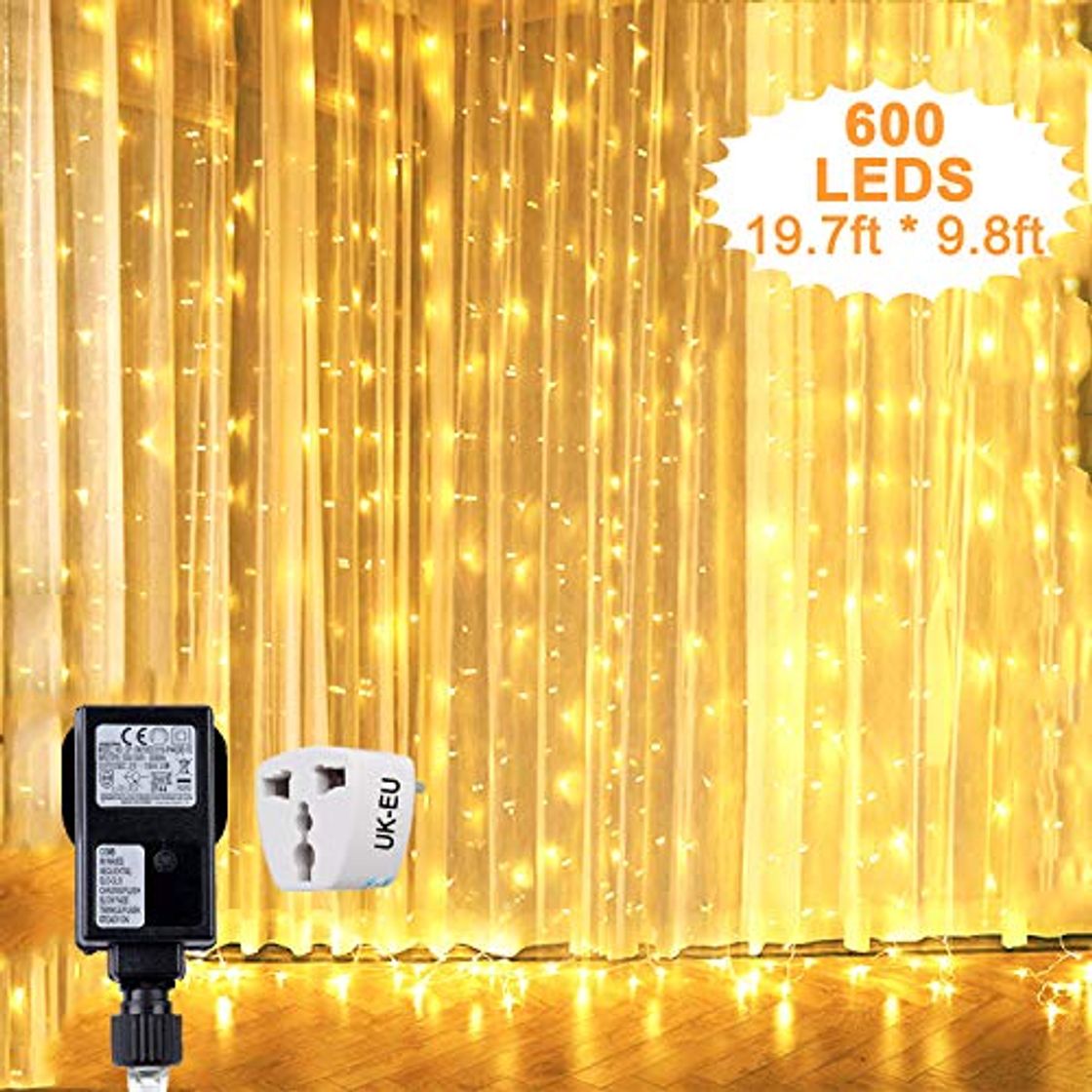 Social Cortina de Luces LED, Hezbjiti 6m x 3m 600 LEDs, Blanco Cálido,