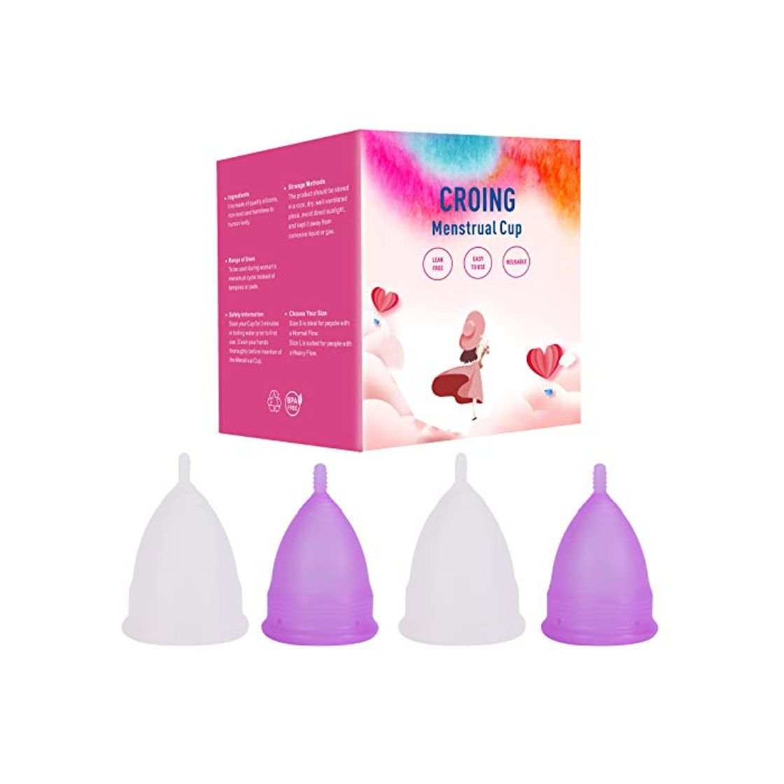 Belleza CROING 4 Copas Menstruales - 2 Piezas Pequeña  y 2 Piezas Grande