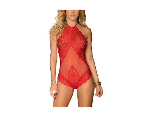 Shangrui Mujeres Ropa Interior Encaje Babydoll Bodysuit Cuello Alto Falda Fina Uniformes para Baile de Tubo