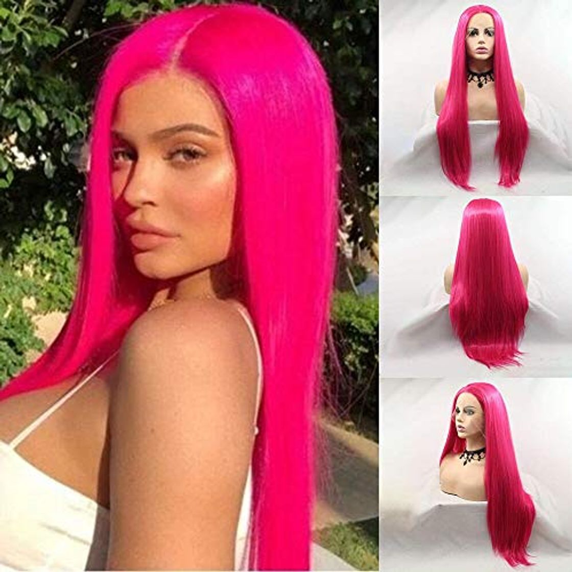 KARISSA Kylie Jenner Hair style Rose Red Pelucas delanteras largas de encaje sintético para mujer Peluca de encaje rosa oscuro con parte media Reemplazo de cabello de fibra resistente al calor sin